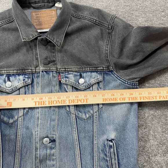 Levi’s Premium Denim Trucker Jacket Mens M Gray/Blue Colorblock Big E Distressed - Picture 5 of 12
